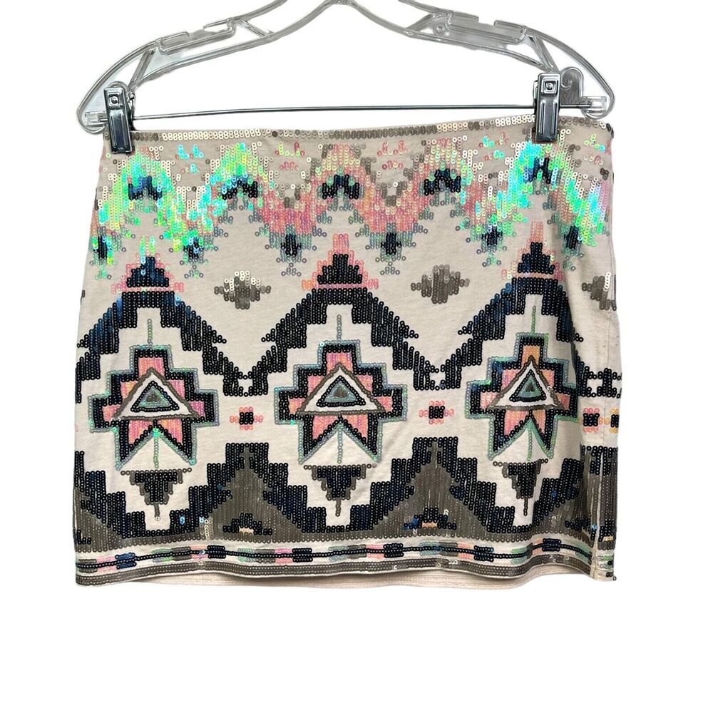 Express Womens Sequin Mini Skirt Stretch Lined Pull On Beige Size Size S*